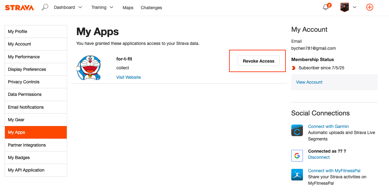 Strava My Apps 頁的 Revoke Access 按鈕 / The Revoke Access button on Strava's My Apps page